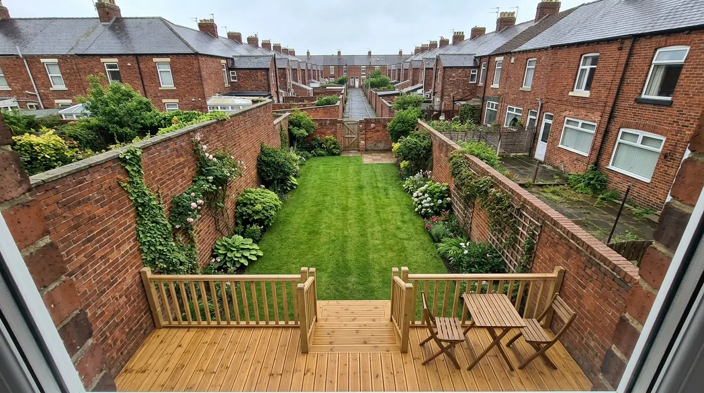 Honey-toned softwood deck with wooden rails behind a red brick terrace