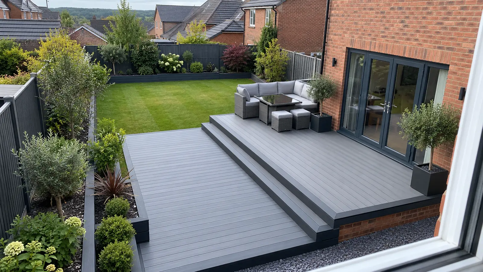 Two-level grey composite deck outside the patio doors of a modern brick house