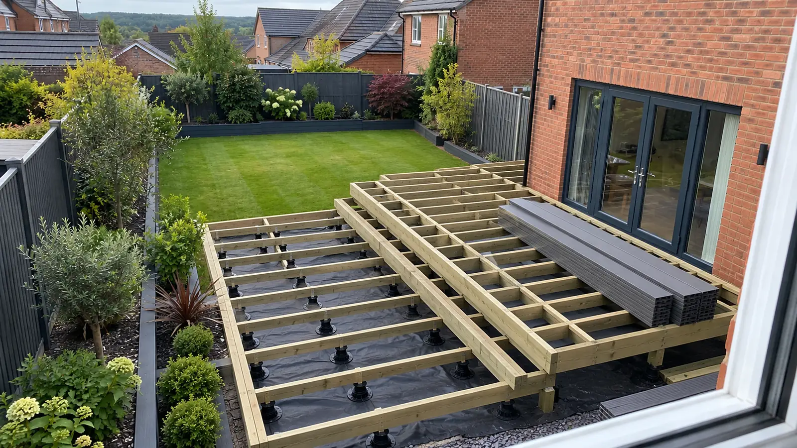 Timber deck frame and joists over a weed membrane, boards stacked ready