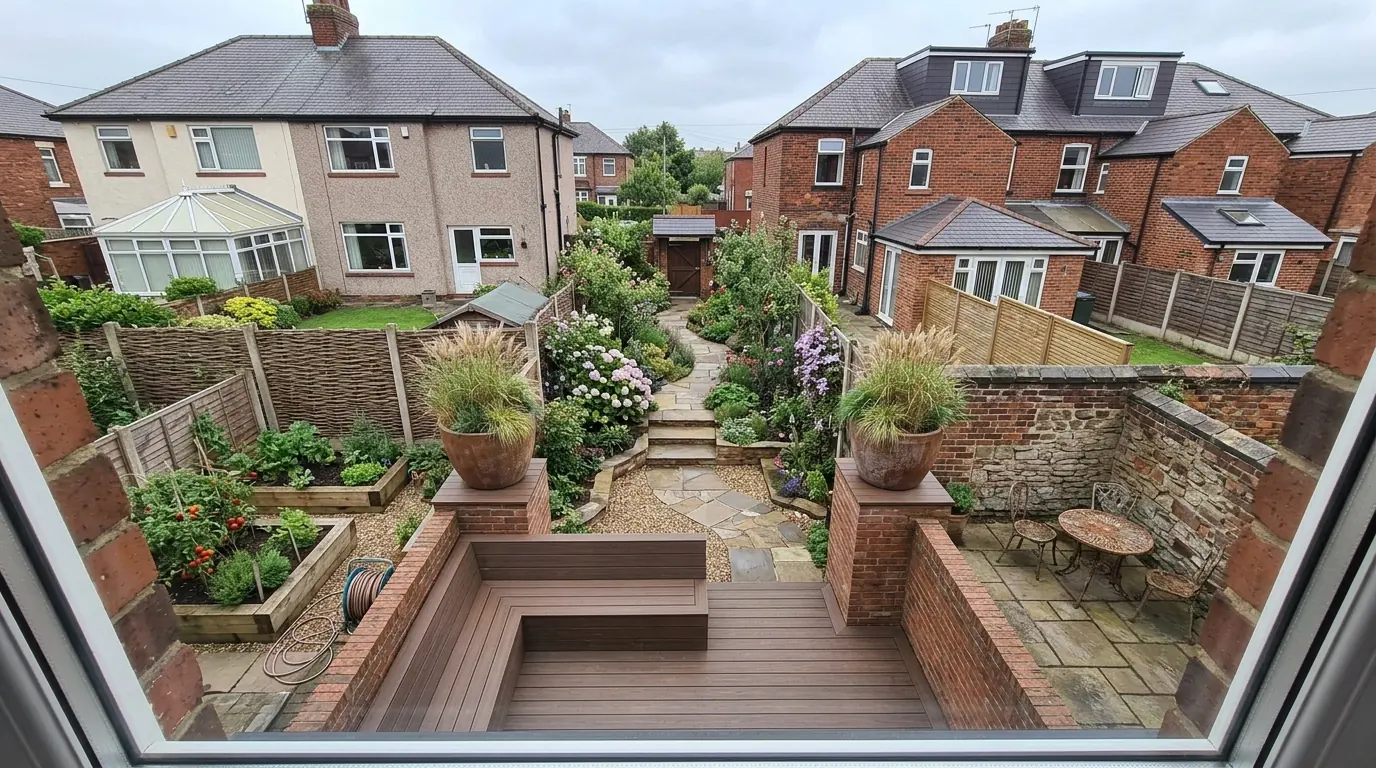 Small walled back yard decked in dark brown boards with a built-in bench and planters